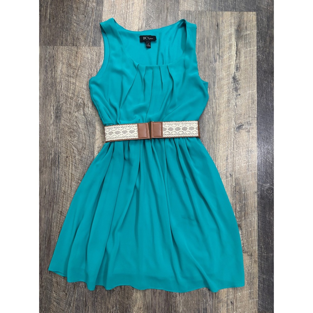 BCX Dress Womens Small Teal Chiffon Sleeveless Pleated Scoop Neck‎ Belted Mini